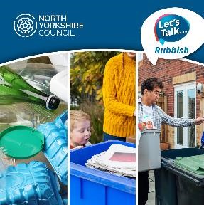 Image of bottles and plastic and people putting waste in recycling bins